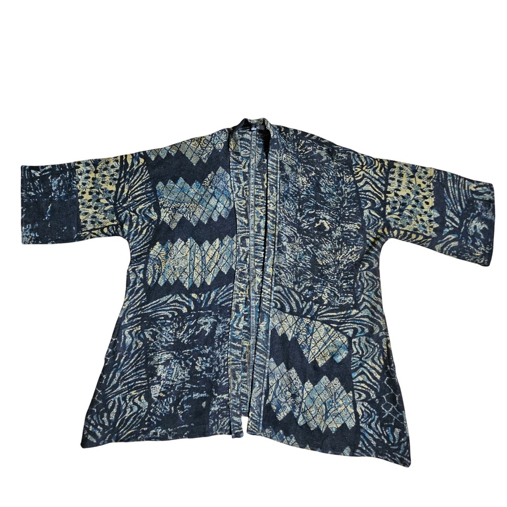 Anu 100% Wool Kimono Cardigan Jacket Wearable Art L Abstract Batik Open Front‎
